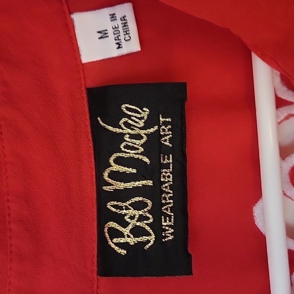Vtg BOB MACKIE red embroidered floral peekaboo cutout silk Valentine's Blouse - Picture 6 of 9